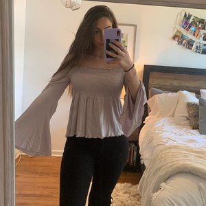 Lilac purple smock off the shoulder shirt.